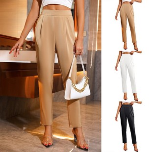 Cross-border European and American Amazon spring and summer new women's casual comfortable temperament commuter pocket straight high waist acetate pants