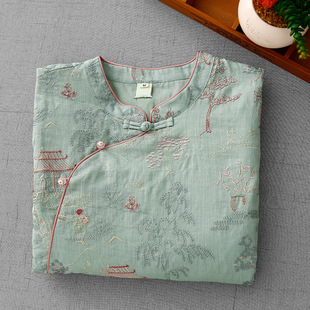 Buddhist New Chinese Style Improved Shirt for Women, Chic Heavy Embroidery, Retro Short Mid-Sleeve Shirt, Meditation Top