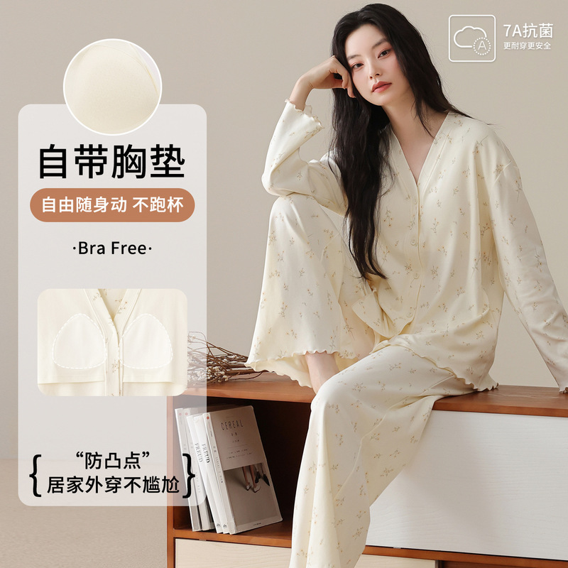 Spring and Autumn Cotton Women's Pajamas with Chest Pads, Cardigan, Large Size, Sweet and Cute, Can Be Worn Outside, Home Wear Set for Women Spring and Autumn Cotton Women's Pajamas with Chest Pads, Cardigan, Large Size, Sweet and Cute, Can Be Worn Outside, Home Wear Set for Women