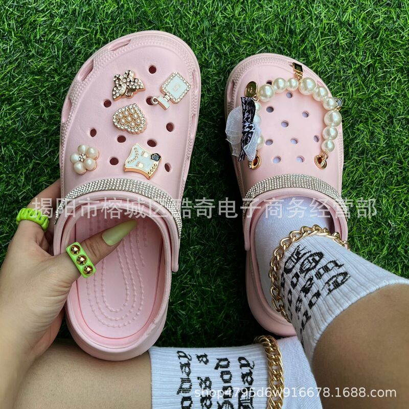 Cross-border summer manufacturers new high heel hole shoes bow shoes buckle European and American hot selling chain accessories garden shoes