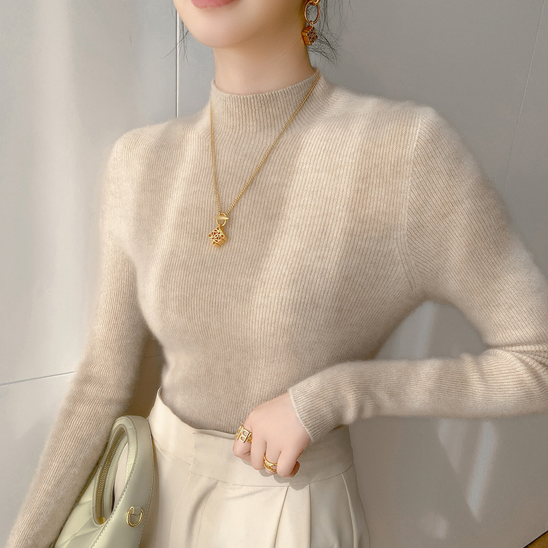 一线成衣山羊绒衫女半高领无缝修身打底衫中领内搭套头羊毛毛衣