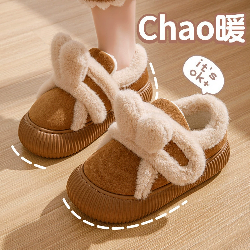 Сумка и хлопчатобумажные тапочки женский зимний 2024 новый внешний вид липучки толстый дно меховая плюшевая теплая нескользящая хлопчатобумажная обувь