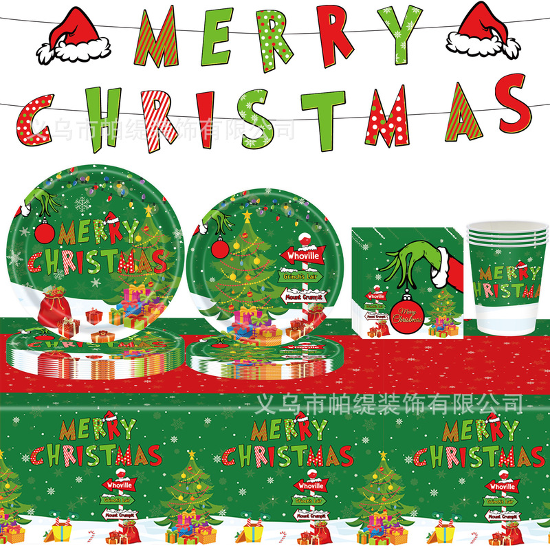 New Christmas Grinch Children's Cartoon Birthday Party Set Paper Plates, Banners, Tableware, Decoration Supplies