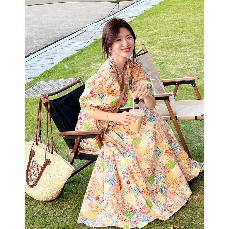 Đầm maxi cổ chữ V tay phồng họa tiết hoa nhí phong cách Pháp — Màu vàng in hoa chi tiết 5