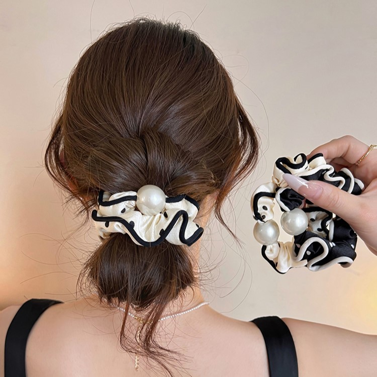 Fransk stil prickig scrunchie med pärlor elastisk hårsnodd_voghion.com