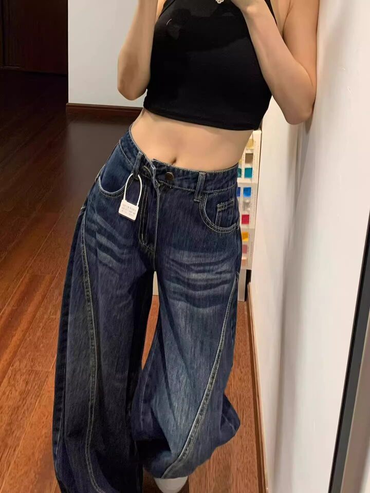 Quần jeans nữ ống cong cạp cao dáng rộng phong cách retro, quần dài có lót lông — Quần đơn màu xanh đậm chi tiết 7