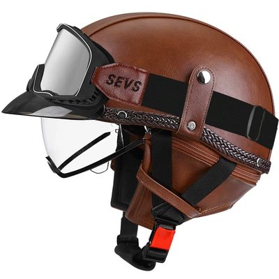 Motosiklet kaskı (dəbilqə) — car helmet Japanese scoop helmet - brown-leather-transparentlarge-frame-silver-mirror-m