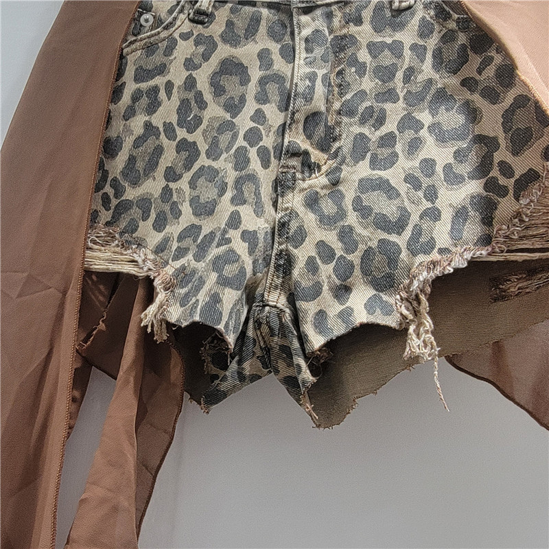 Pantalones Cortos de Mezclilla con Estampado de Leopardo de Mezclilla y Poliéster Empalmado Ligeramente elástico para Fiesta y Salidas