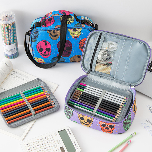 Cross-border large capacity 72-hole colored pencil watercolor brush multi-function pen case with detachable shoulder strap cartoon pen bag