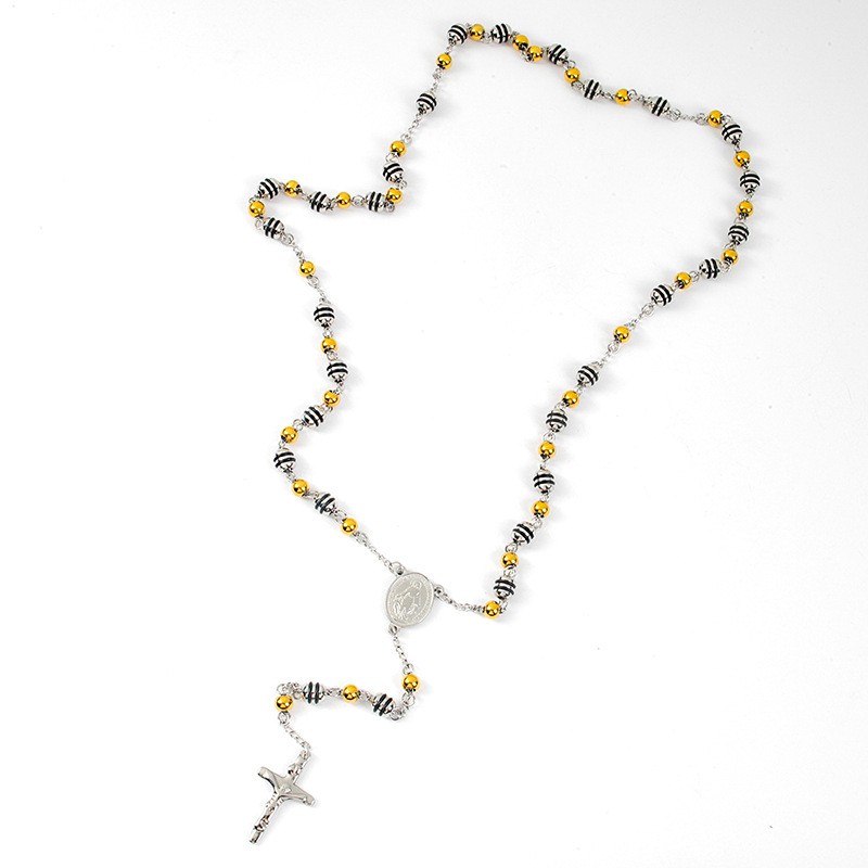 Ethnic Style Cross Stainless Steel Beaded Pendant Necklace_colorza_3