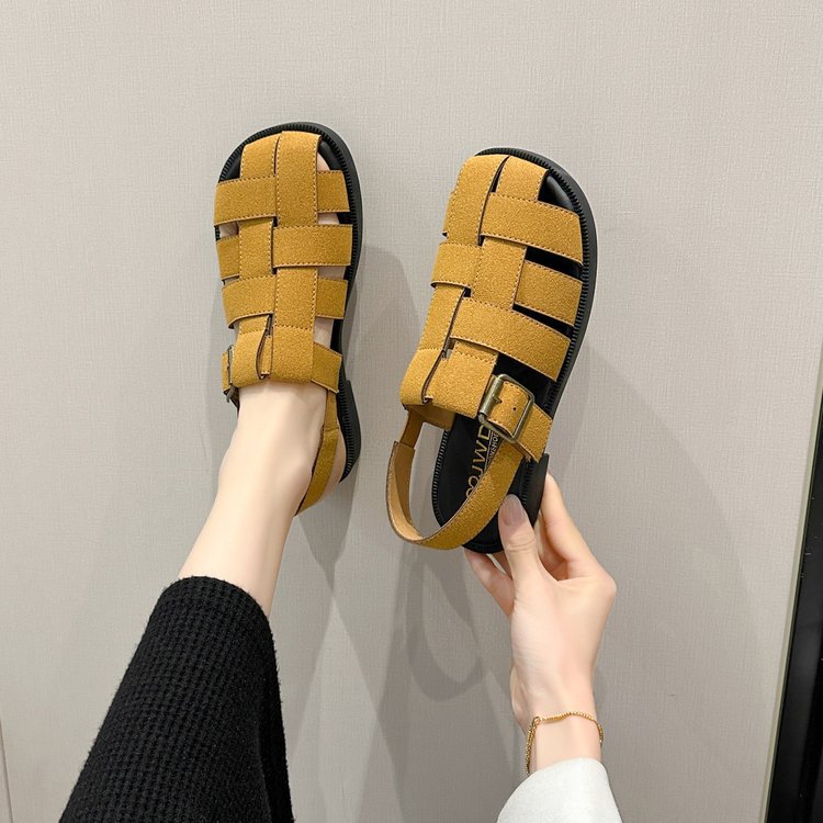 Sandali vintage con punta piatta da donna, primavera estate 2024, nuovi sandali alla moda con zeppa intrecciata e stivaletti romani da spiaggia_voghion.com