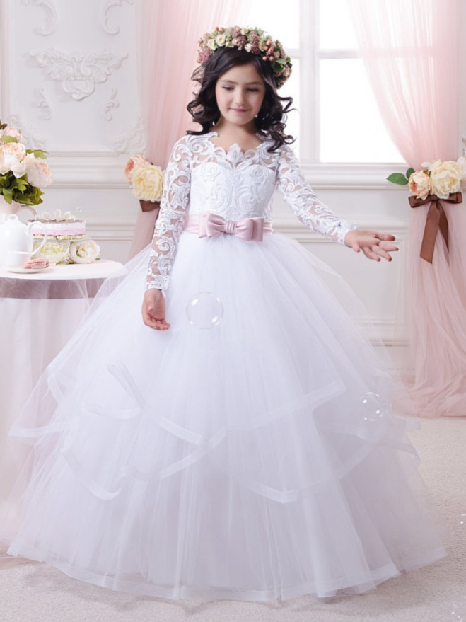 Vestido de novia para niños transfronterizos europeos y americanos de encaje de doble capa de manga larga de rendimiento de cumpleaños vestido esponjoso entrega de una sola pieza