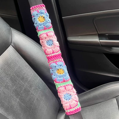 Seat belt shoulder pad, Pads, Hand-Crocheted with Chrysanthemum and - pink-gerbera-safety-belt-cover-2pcs-205x10cm