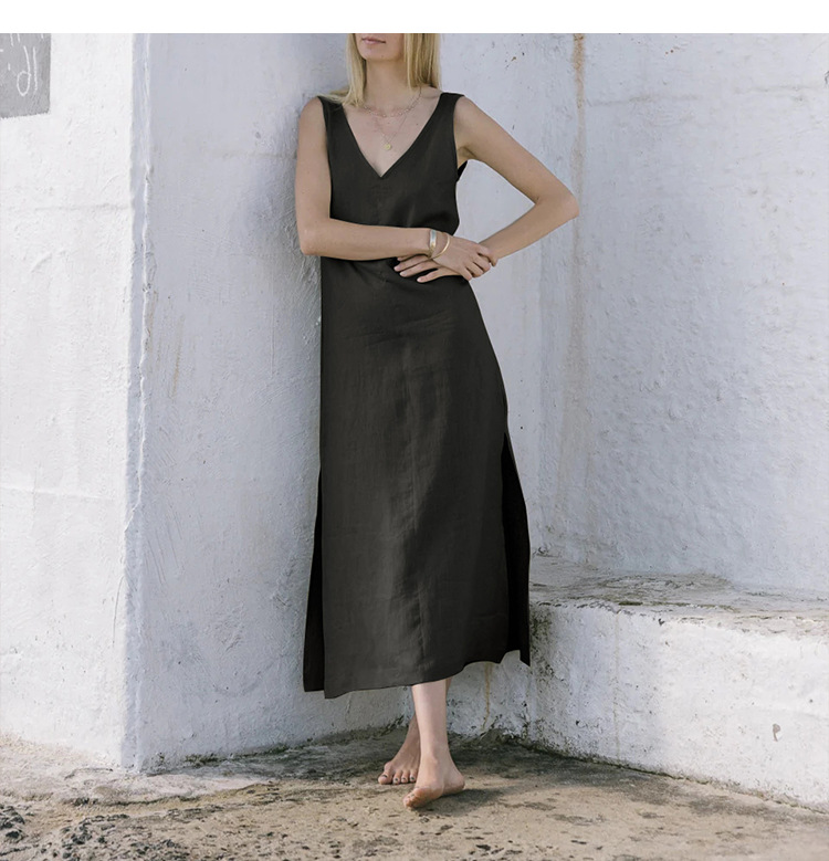 Summer Casual Front Back V Neck Dress Linen Sleeveless High Waist Split Knee Length Backless Cotton Linen Vest Dress