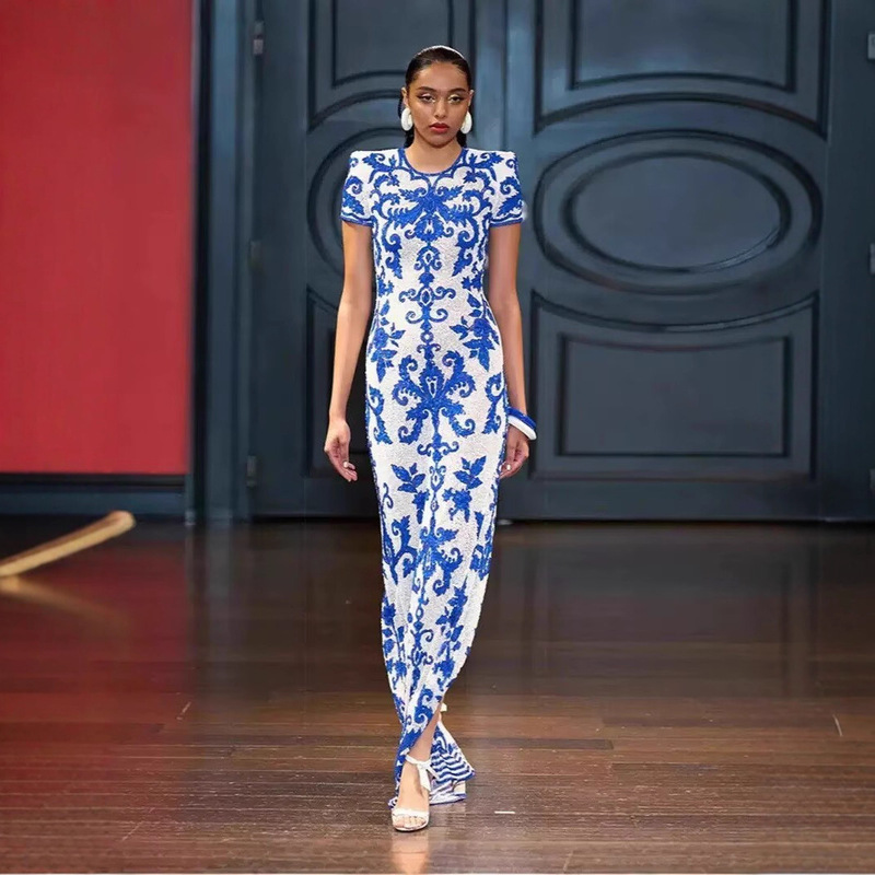 2025 European and American Foreign Trade Fashion Short-Sleeved Jacquard Tight-Fitting Long Hip-Hugging Party Dress New Chinese Style