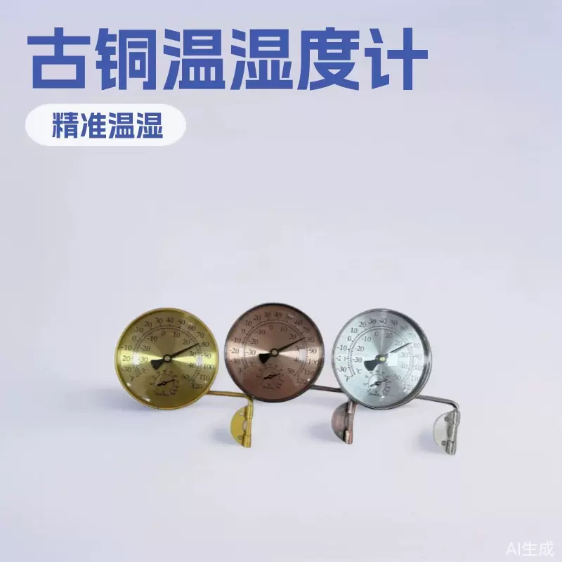 100mm古铜温湿度计带连杆  拉丝图版  铜喷金色漆 仿古铜 铜镀镍