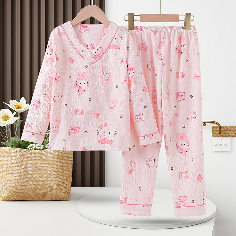 Niños niñas nubes pijamas de algodón set de cuello en V pantalones de manga larga dibujos animados lindos primavera y otoño ropa para el hogar de niños mayores