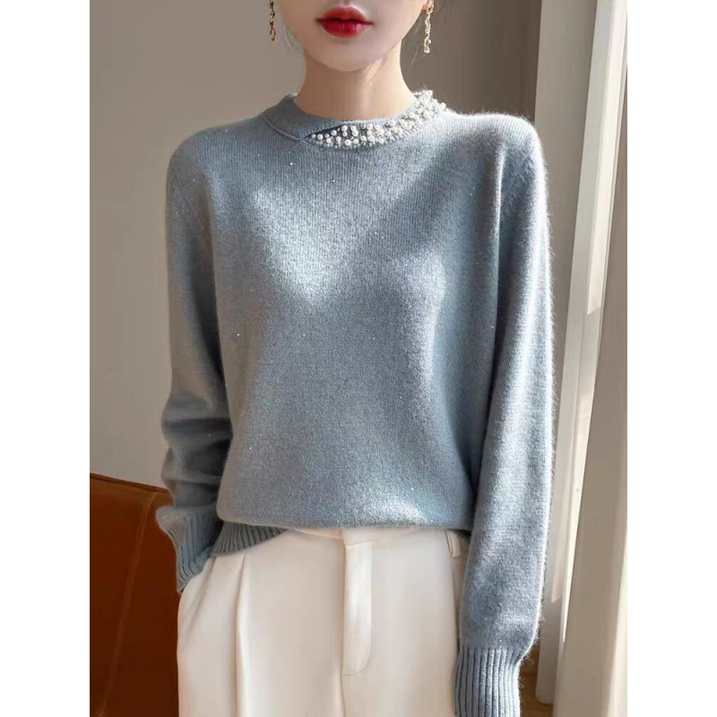 Suelta, camisa de base de cuentas de clavos de sequillas para mujeres 2025, nuevo estilo de otoño y invierno, suéter de punto de mujer grande