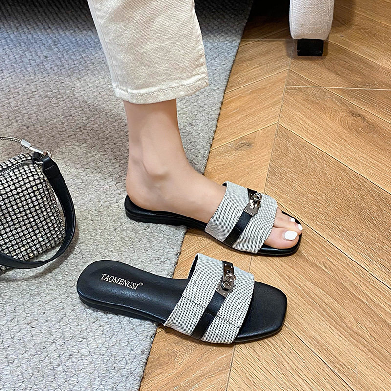 Dép sandal nữ quai ngang đế bằng, dép xỏ chân mùa hè đi ngoài trời — Màu xanh lam, Màu xám