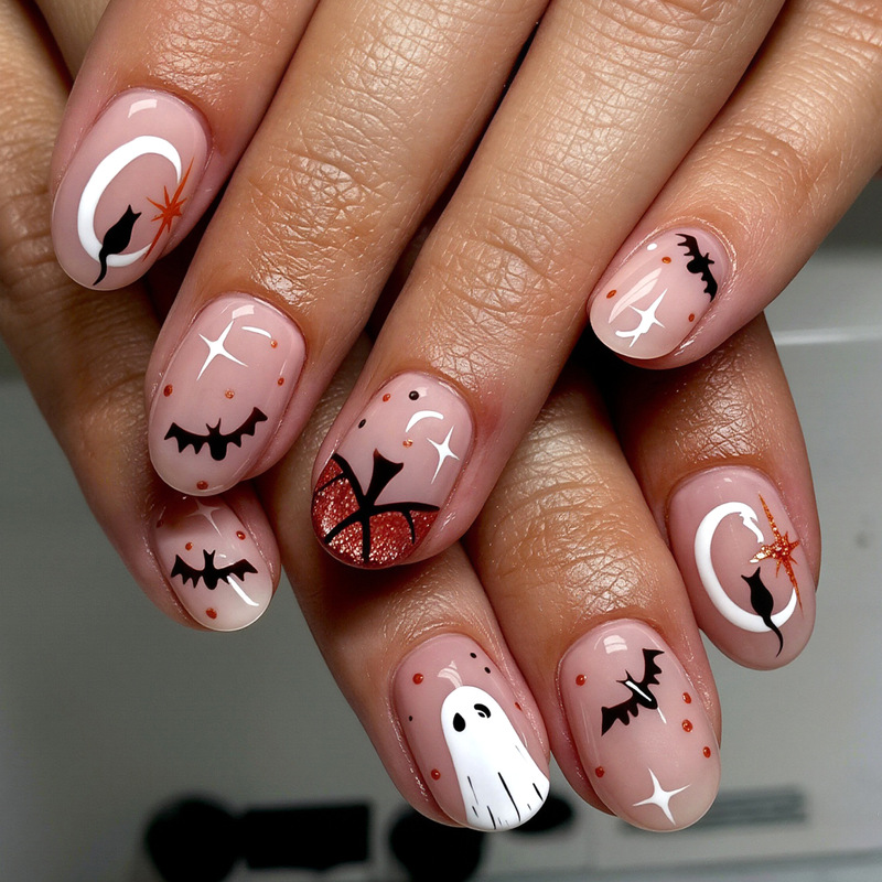 Halloween-themed press-on nails with bat, ghost, pumpkin, and black cat designs, a cross-border bestseller, 24-piece nail set Halloween-themed press-on nails with bat, ghost, pumpkin, and black cat designs, a cross-border bestseller, 24-piece nail set