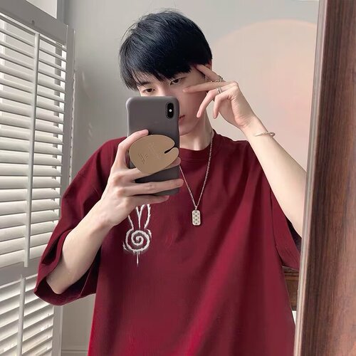 Red Wine Heavyweight T-Shirt for Men - Summer New Arrival, European and American Trend Brand, Fashion Short Sleeve, American Retro Style, Small Collar, Five-Point Sleeve