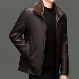 2024 Autumn and Winter New Removable Fur Collar Short Leather Down Thickened Warm Middle-aged and Elderly Dad Coat Winter Leather