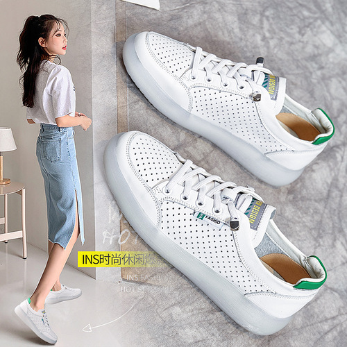 Genuine leather white shoes for women in summer, hollow, breathable, comfortable, soft-soled lazy shoes, one-leg pure leather casual and versatile shoes