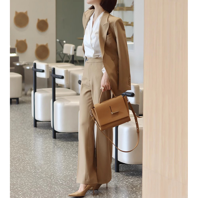 In stock factory wholesale high J sense camel lace-up suit jacket elegant white cool chic high thin straight pants for women In stock factory wholesale high J sense camel lace-up suit jacket elegant white cool chic high thin straight pants for women