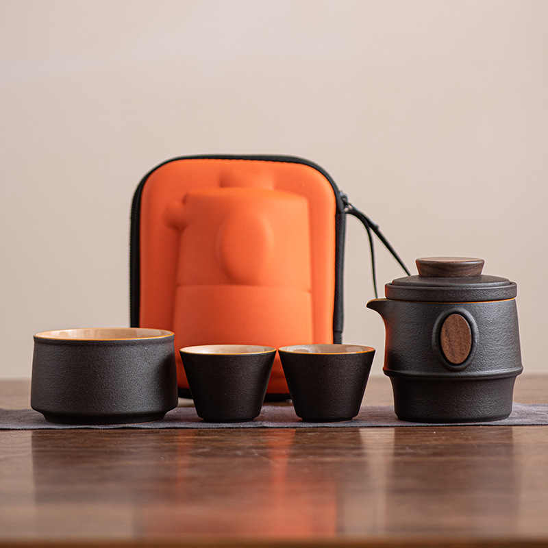 Portable Tea Set with One Pot and Three Cups for Outdoor Travel, Camping, Kung Fu Tea, Ceramic Business Gift Set