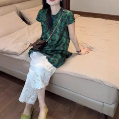 25587 Daai Mei Yiyuan 2025 夏の新ファッションレトロ半袖シャツレース中空ワイドレッグパンツ女性のための