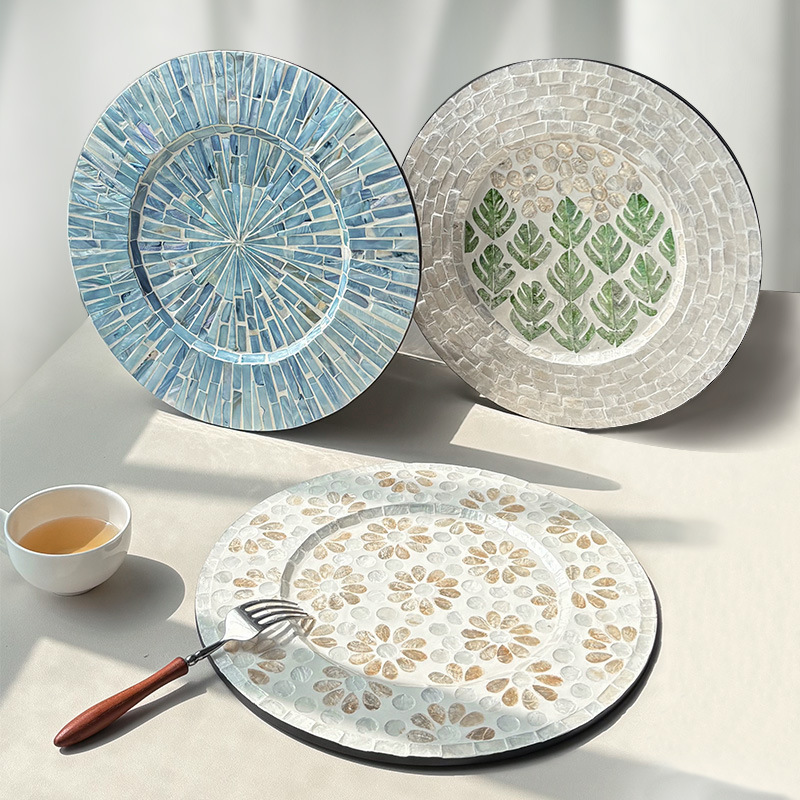 Cross-Border American-Style Round Shell Creative Storage Home Living Room Coffee and Western Food Mat Retro Tray with Floral Pattern