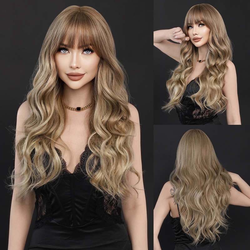 High-Quality European and American Style Wigs for Women, Long Curly Hazelnut Brown Hair with Air Bangs, Full Head Wig