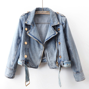 2024 Spring New Design High Waist Zipper Long Sleeve Denim Tops Women's Short Loose Top Motorcycle Tops