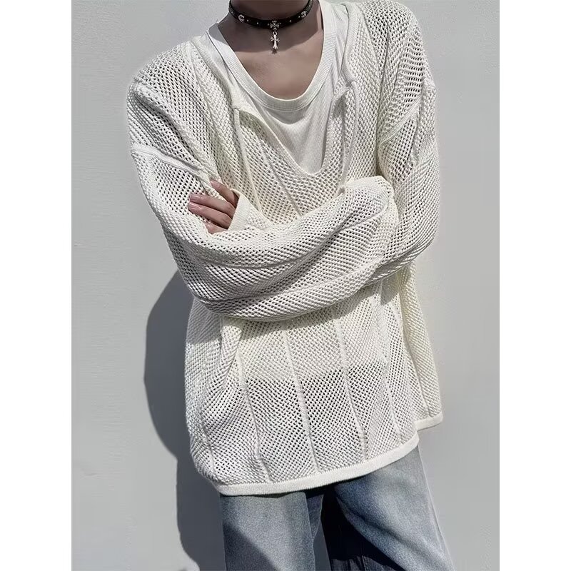 Hombres y mujeres, camisas de punto huecas, nuevas camisas de moda sueltas, camisas de protección solar delgadas, camisas de cuello en V, camisas de manga larga, camisas de moda