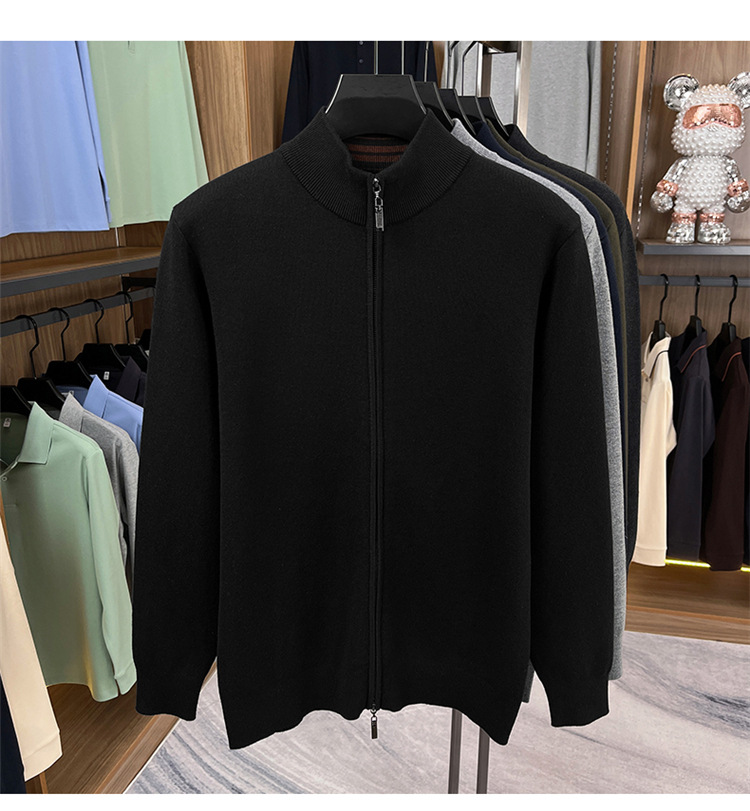 Áo len cardigan nam Haggis 100% len dày dặn có khóa kéo dệt kim cổ đứng — màu đen chi tiết 5