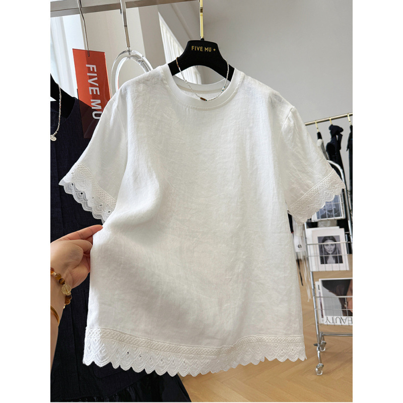 高級感と軽い高級感の純麻半袖Tシャツ、夏用の薄いレースの気質の女性用シャツ、超見栄えの良いトップス|undefined