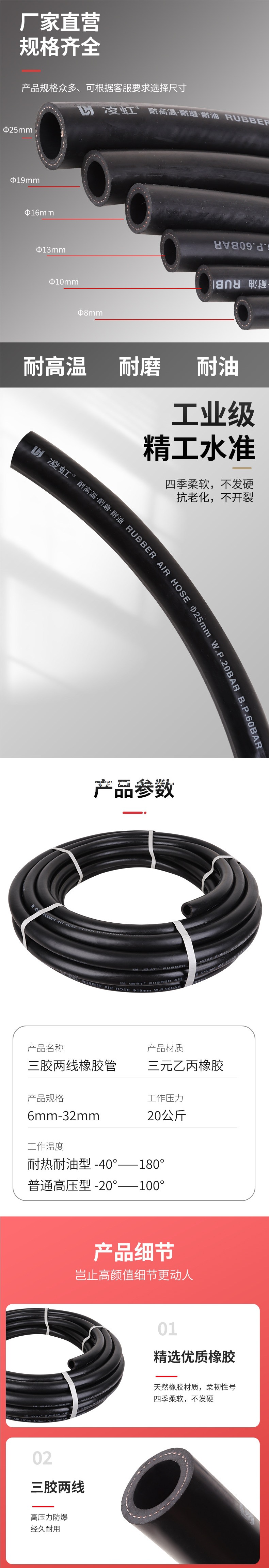 High-temperature resistant oil hose, black rubber hose with fabric reinforcement, high-pressure air hose, heat-resistant steam hose, gasoline and diesel hose, flexible hose, water hose
