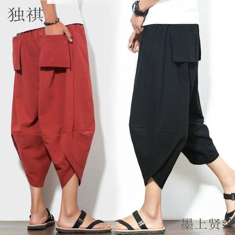 Linen Beach Pants Men's Loose plus size Thai Wide-leg Cropped Pants Casual Chinese Style Cotton and Linen 7-point Harlan Trendy Pants