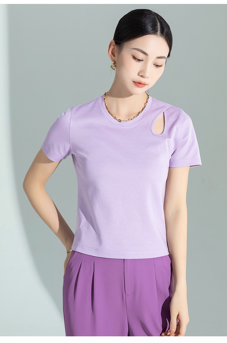 Áo thun nữ tay ngắn thiết kế khoét vai, chất liệu dệt kim acetate Tencel ôm dáng — Màu tím chi tiết 8