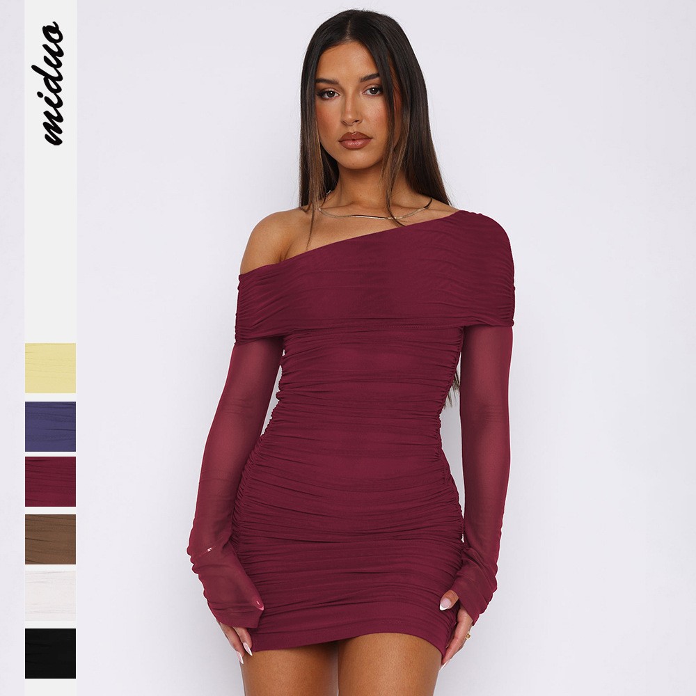 亚马逊新品秋季热卖斜肩网纱褶皱长袖连衣裙修身显瘦性感包臀裙女