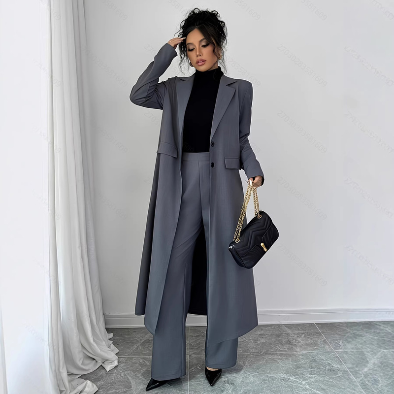 2026 New Cross-Border European and American Style High-End Women's Suit Set: Long Trench Coat + Wide-Leg Pants