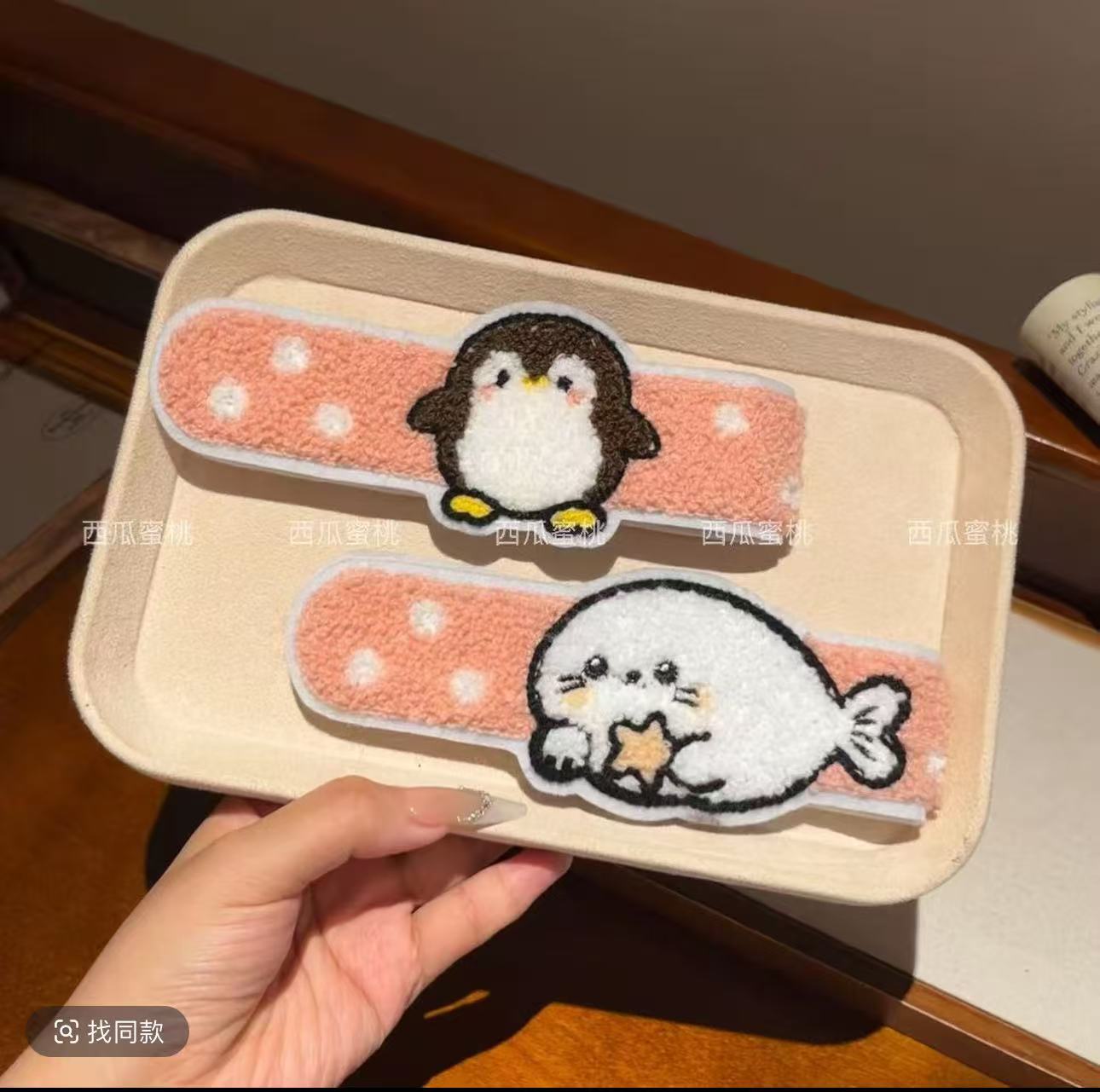 Cute cartoon penguin and seal polka dot magic tape bangs sticker for girls' hair tidying, cute style hair accessory