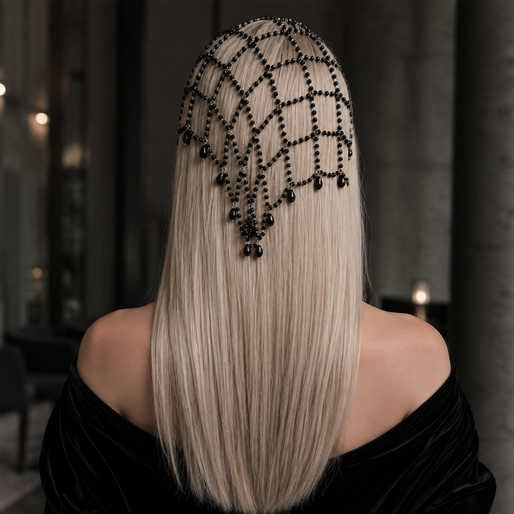 New foreign trade ins-style waterdrop hair chain, niche design mesh headpiece, retro internet celebrity black bead hair accessory