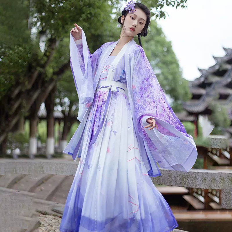 Новый Hanfu фиолетовый женский фея древний стиль печати и окрашивания