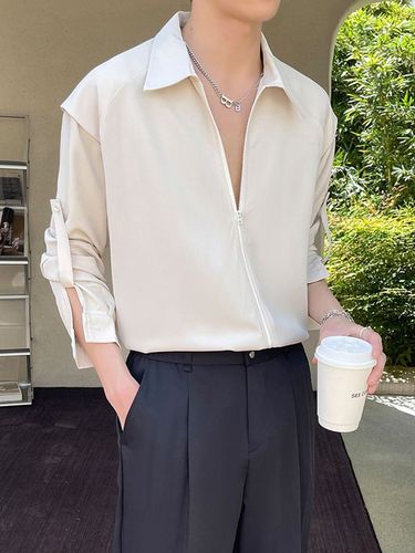 Men's Stylish Adjustable Long-Sleeve and Short-Sleeve Design Shirt, Barber Inspired, Iron-Free, Heavy-Duty, Cool and Casual Zip-Up Shirt