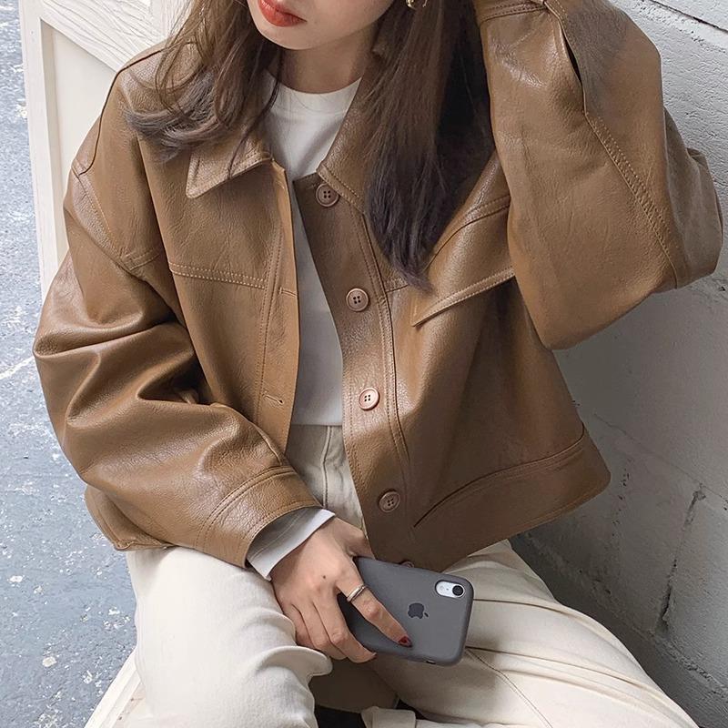 South Korea chic autumn niche handsome lapel single-breasted loose casual long-sleeved motorcycle clothing leather short coat for women