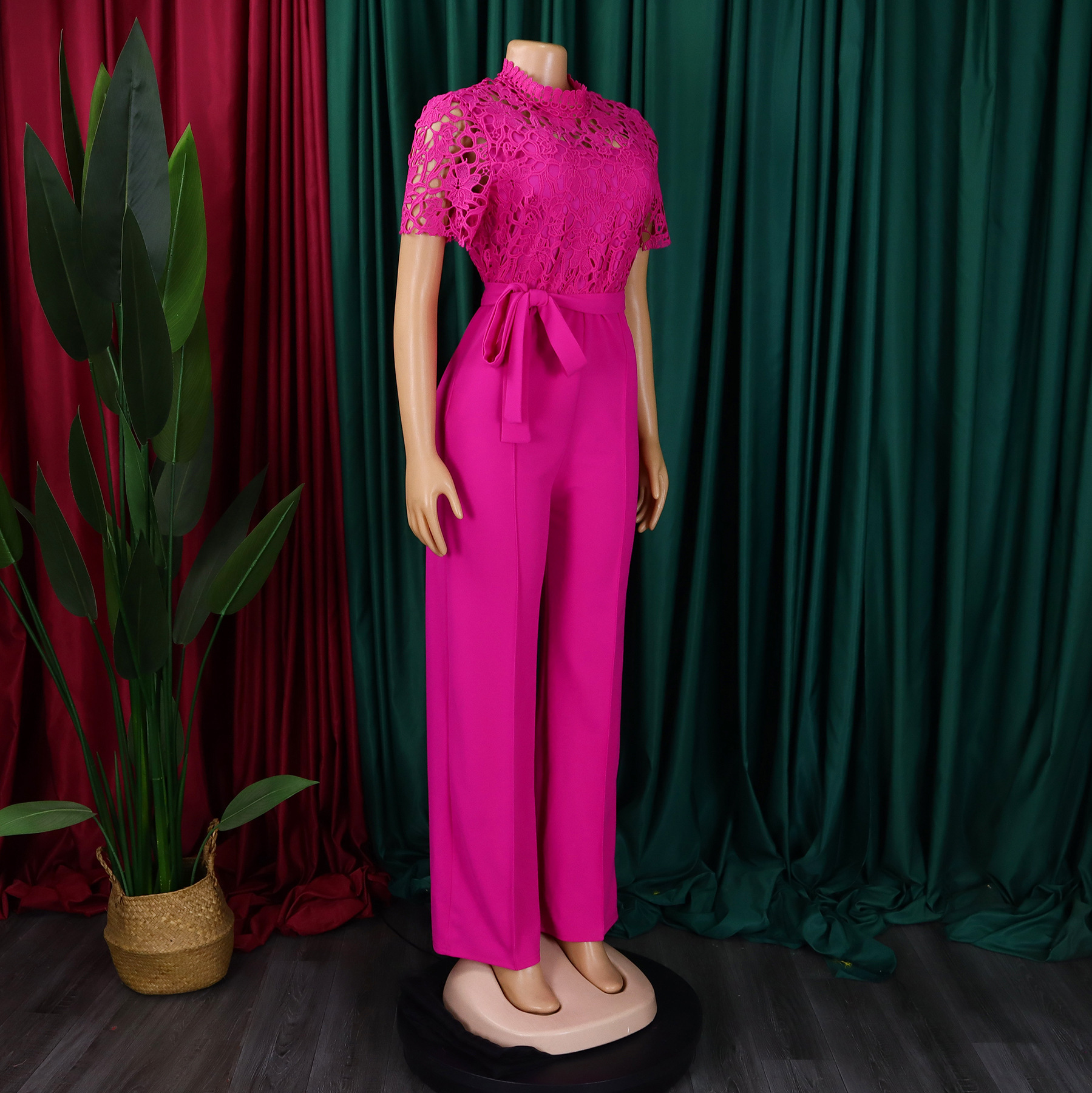 546g Weight Short Sleeve Sleeve Length Polyester Fabric Type High Waist Waist Line Jumpsuits Pants Type Daily Occasion Loose Fit Type Solid Color Pattern Summer Season Women's Gender Lace Design Casual Style Women's Daily Casual Solid Color Lace Jumpsuits 18