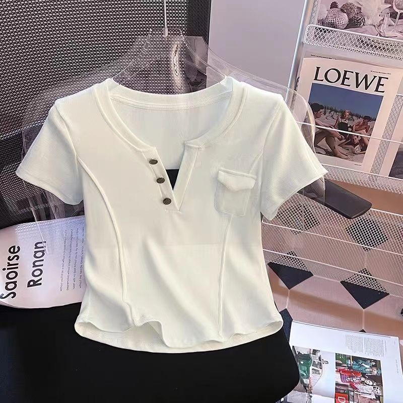 2-300 kg de tamaño extra grande moda estilo occidental falso dos camisetas de manga corta para mujer, hombros de verano, camiseta delgada de media manga
