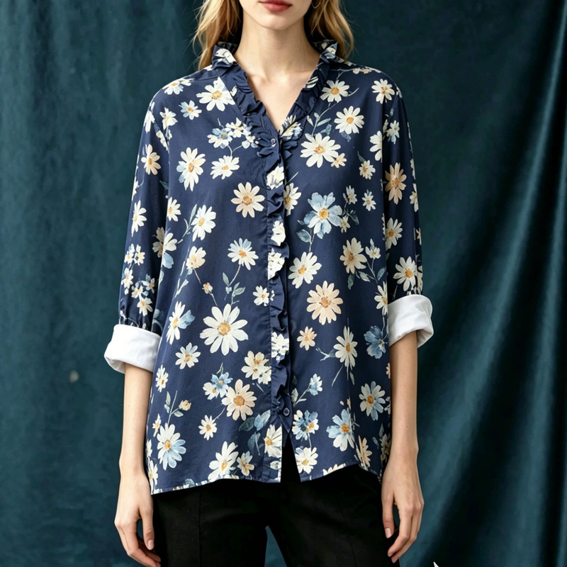 Loose Drapey Straight-Cut Long-Sleeve Shirt with Ruffled Edges, V-Neck, Slimming and Flattering for Work, Daisy Print Top