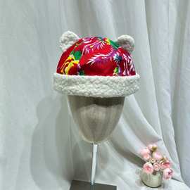 明星同款东北大花布地主帽子男女秋冬民族风可爱羊羔绒耳朵瓜皮帽